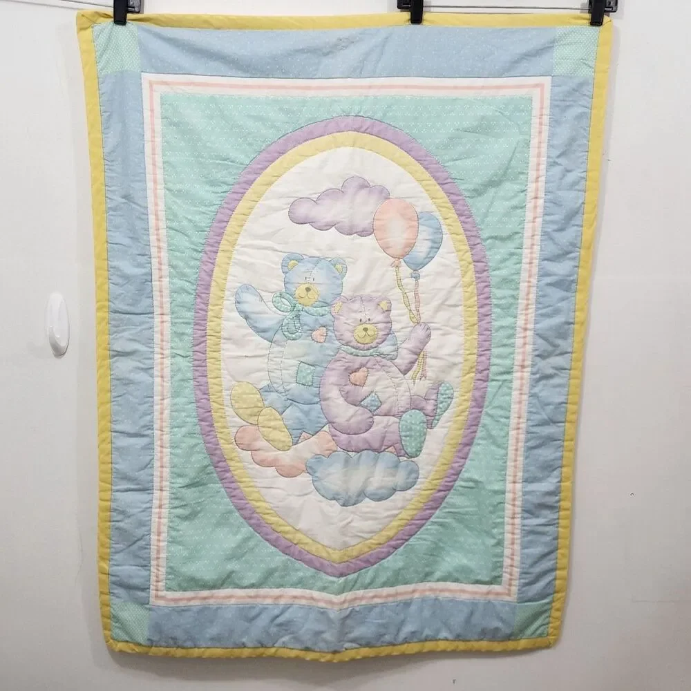 Vintage Bedtime Originals Teddy Bear Balloons Pastel Baby Crib Quilt Blanket